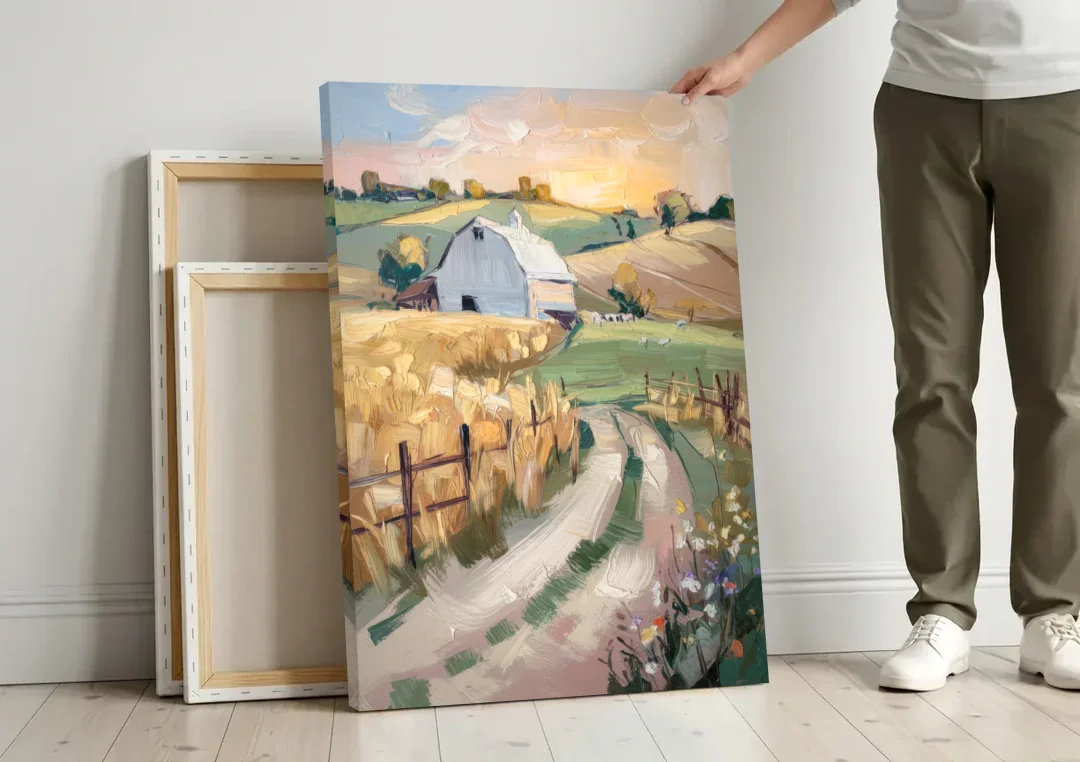 Lancaster Barns and Fields canvas wall art leaning against a wall next to blank canvases