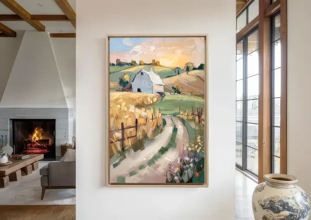 Lancaster Barns and Fields canvas wall art in a living room with a fireplace