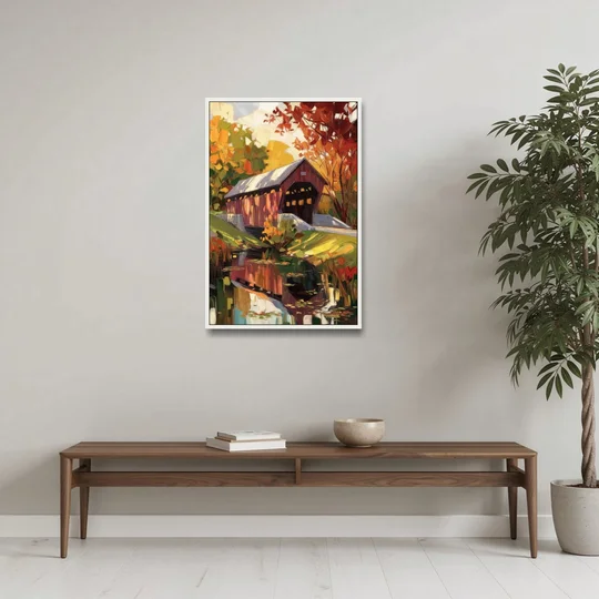 Lancaster Covered Bridges - White Framed Canvas Wall Art - Coffee Table - 24x36