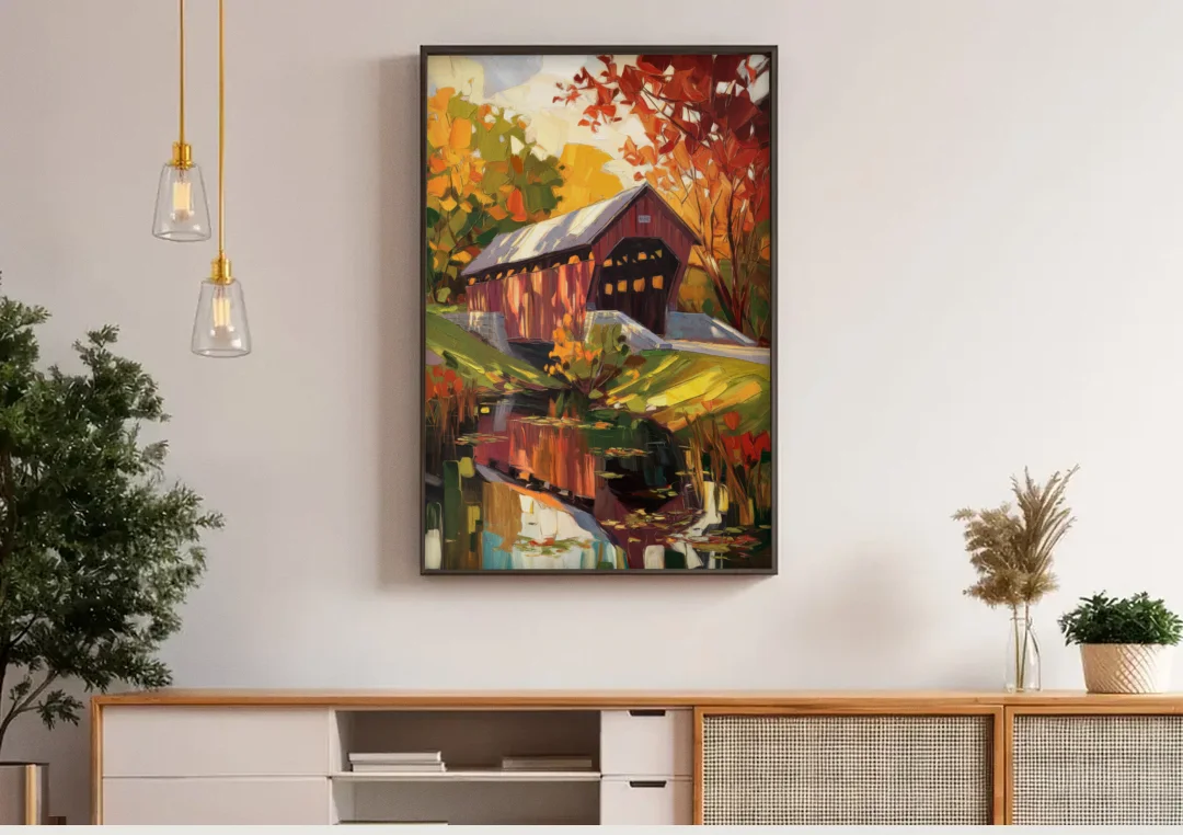 Lancaster Covered Bridges canvas wall art above a wooden sideboard under pendant lights