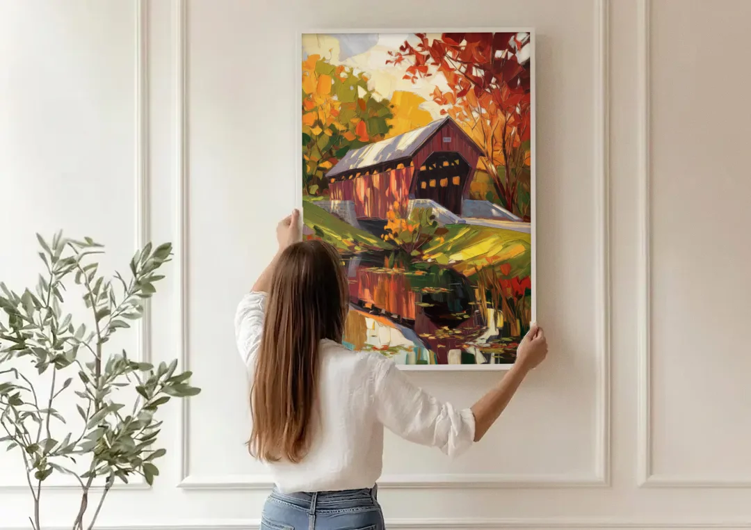 Lancaster Covered Bridges canvas wall art being hung on a paneled wall