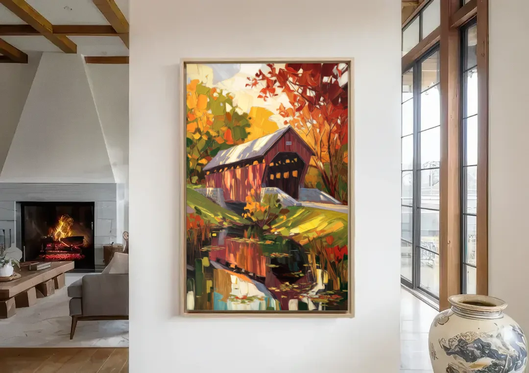 Lancaster Covered Bridges canvas wall art in a living room with a fireplace
