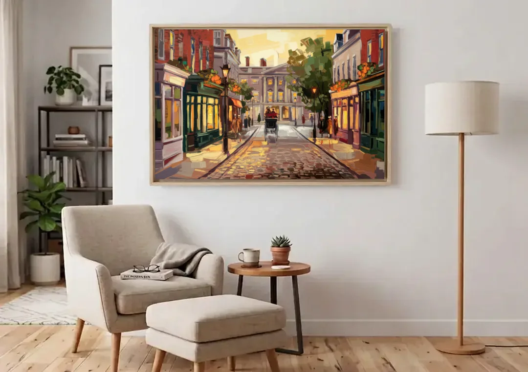 Lancaster Historic Downtown canvas wall art above an armchair in a bright living room