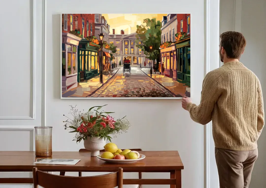 Lancaster Historic Downtown canvas wall art above a dining table