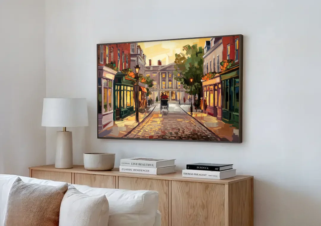 Lancaster Historic Downtown canvas wall art above a wooden sideboard next to a sofa