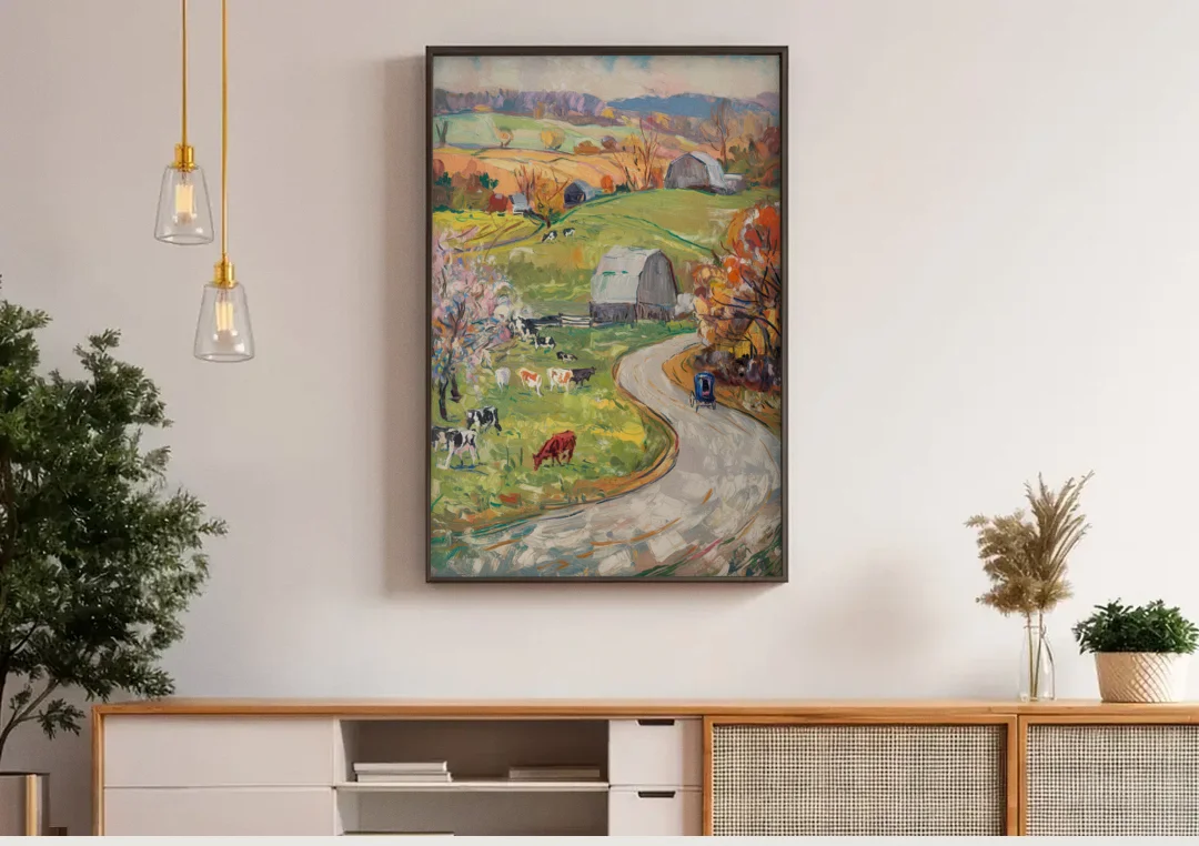 Lancaster PA Seasons canvas wall art above a wooden sideboard under pendant lights