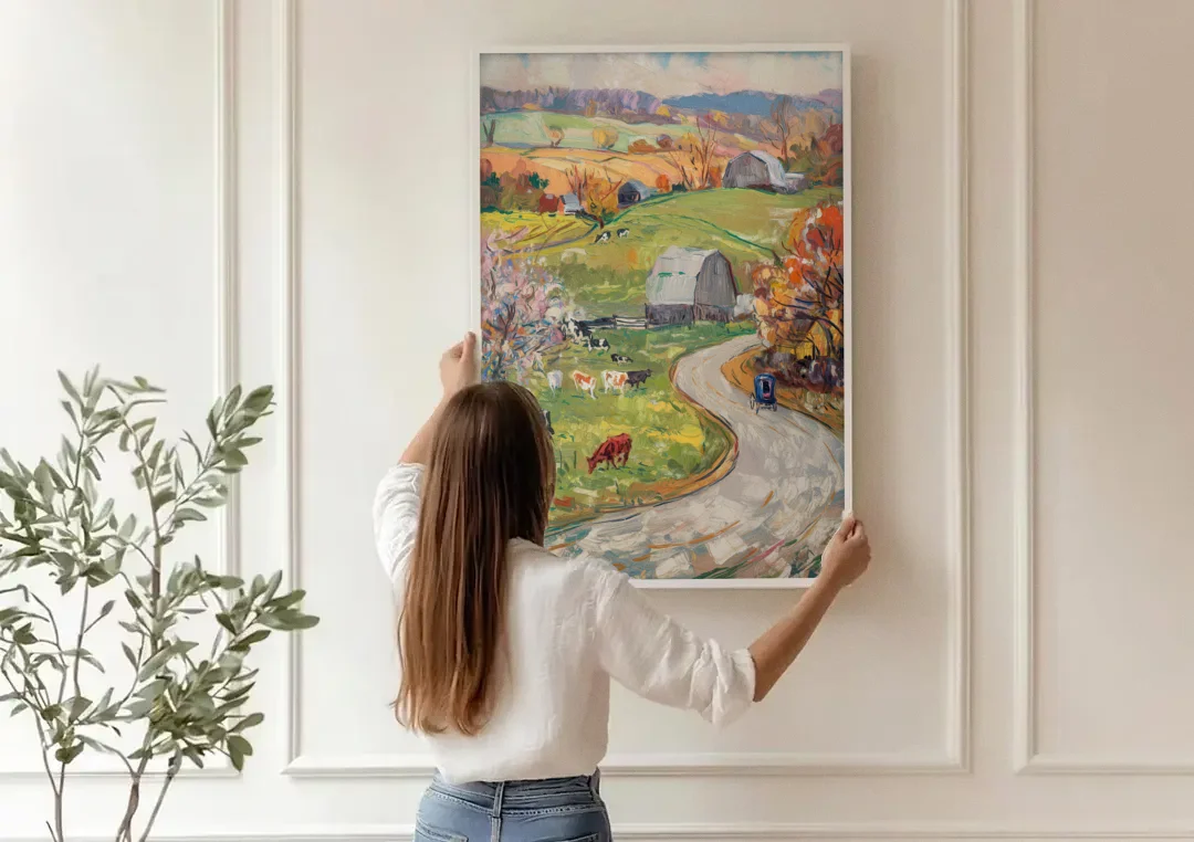 Lancaster PA Seasons canvas wall art being hung on a paneled wall
