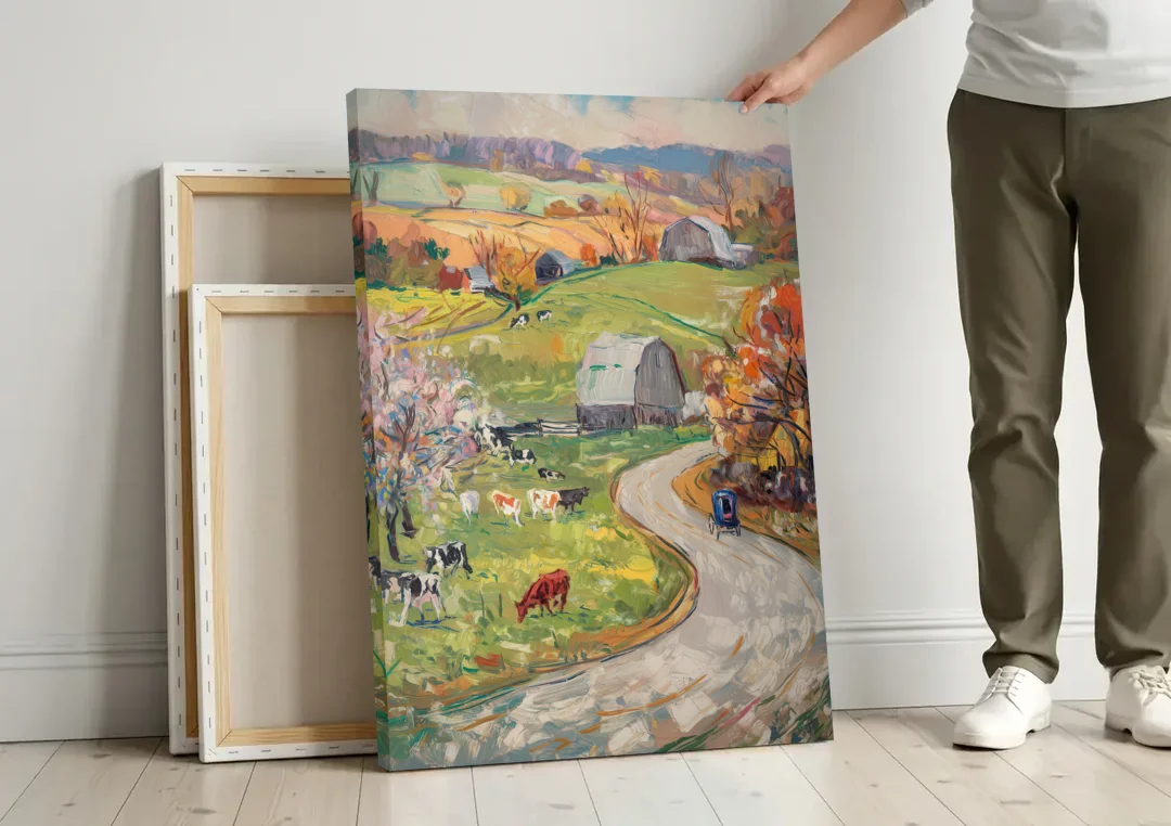 Lancaster PA Seasons canvas wall art leaning against a wall next to blank canvases