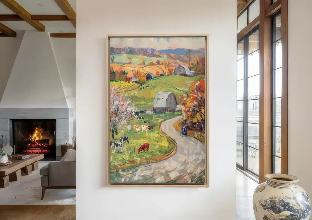 Lancaster PA Seasons canvas wall art in a living room with a fireplace