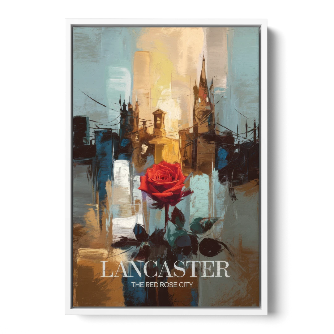 Lancaster Red Rose City - White Framed Canvas Wall Art - Front