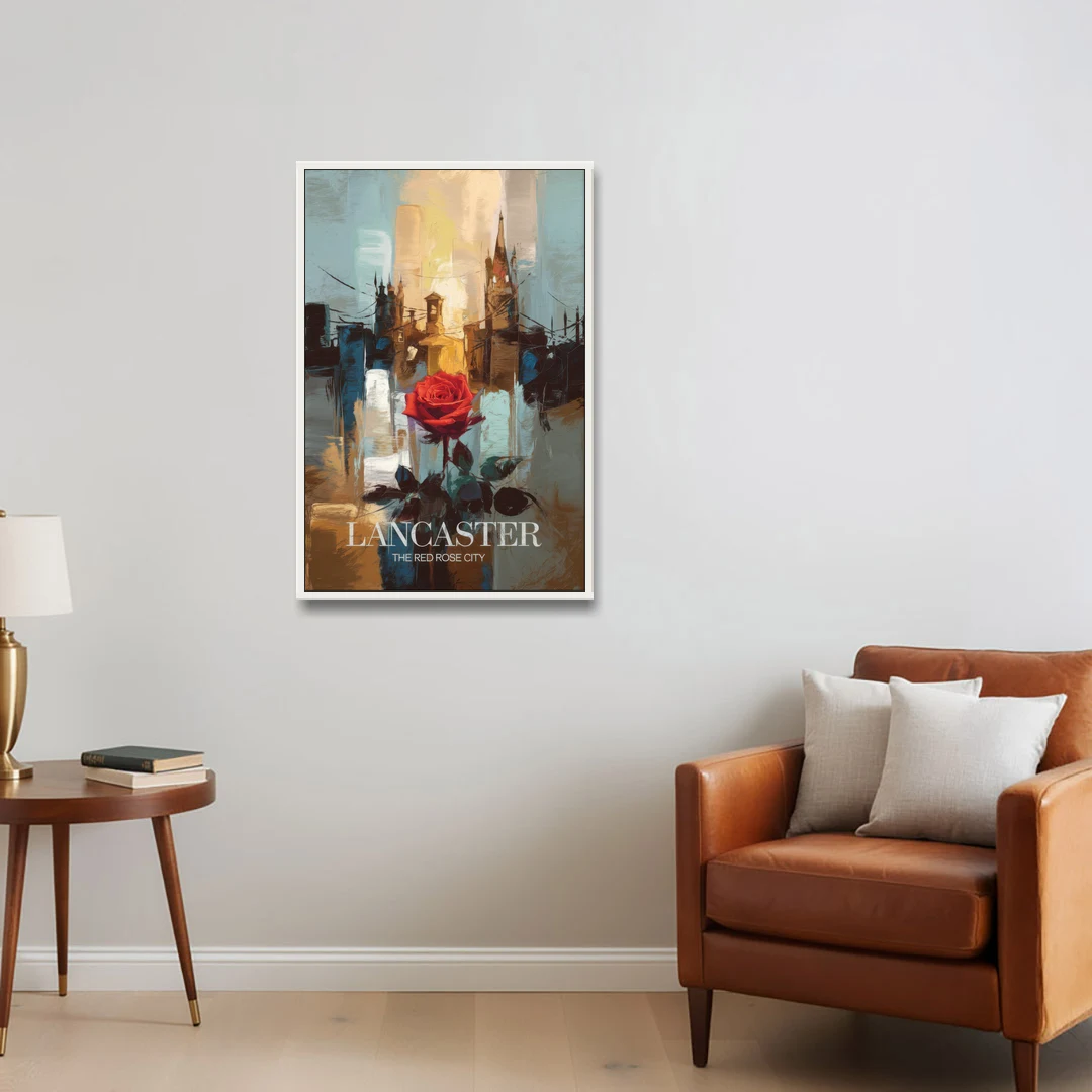 Lancaster Red Rose City - White Framed Canvas Wall Art - Sofa - 24x36