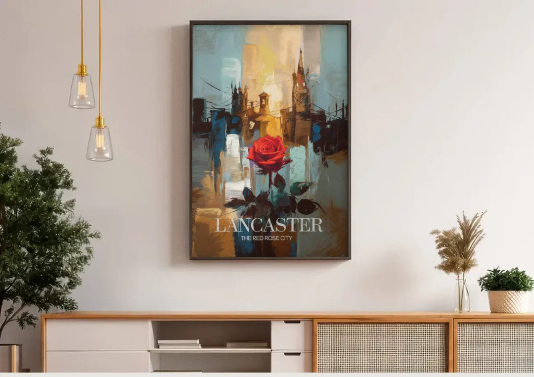 Lancaster Red Rose City canvas wall art above a wooden sideboard under pendant lights