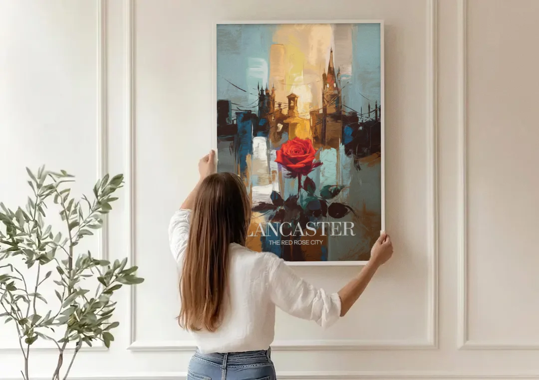 Lancaster Red Rose City canvas wall art being hung on a paneled wall