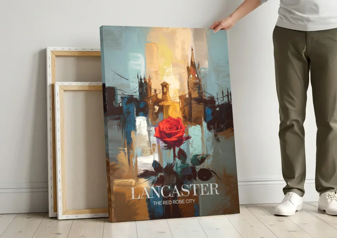 Lancaster Red Rose City canvas wall art leaning against a wall next to blank canvases