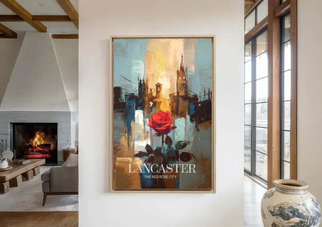 Lancaster Red Rose City canvas wall art in a living room with a fireplace