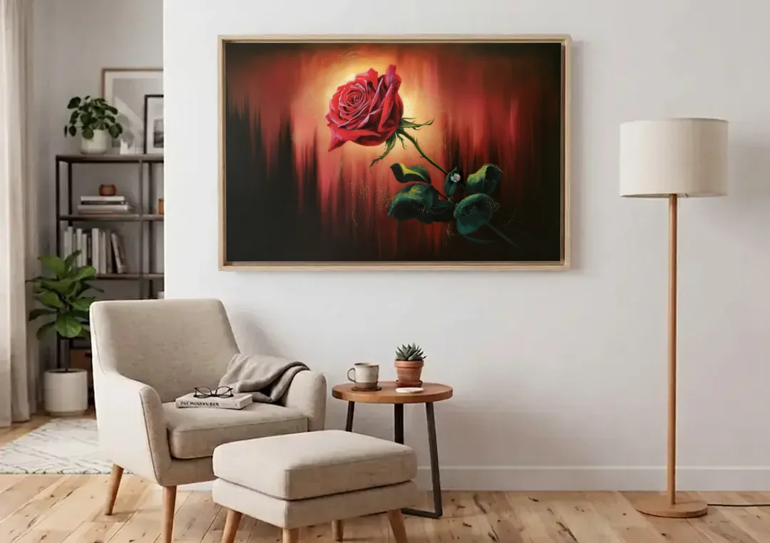 Lancaster Red Rose City Heritage canvas wall art above an armchair in a bright living room