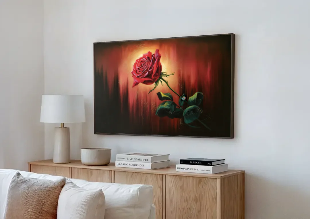 Lancaster Red Rose City Heritage canvas wall art above a wooden sideboard next to a sofa