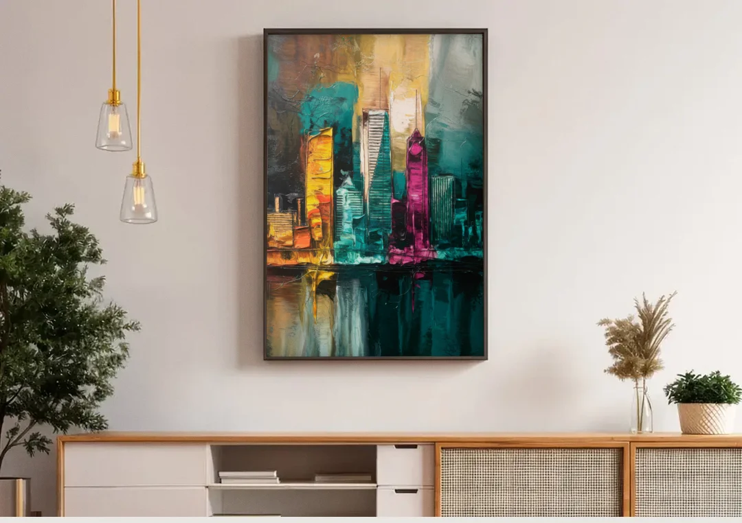 Lancaster Scenic Skyline canvas wall art above a wooden sideboard under pendant lights