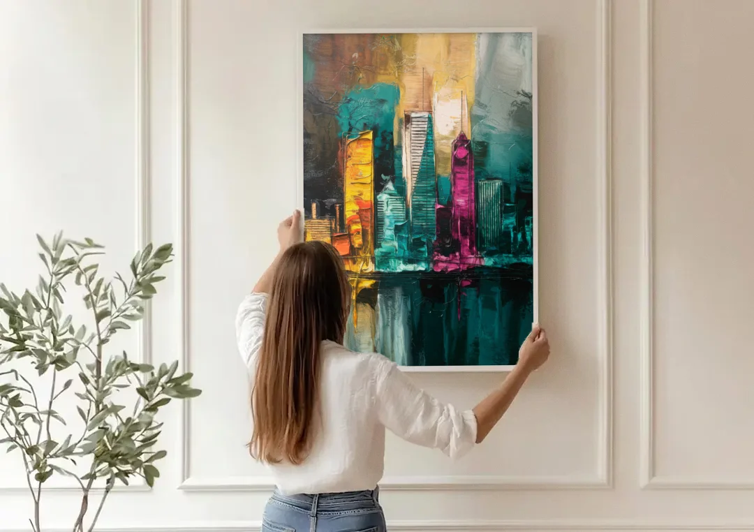 Lancaster Scenic Skyline canvas wall art being hung on a paneled wall