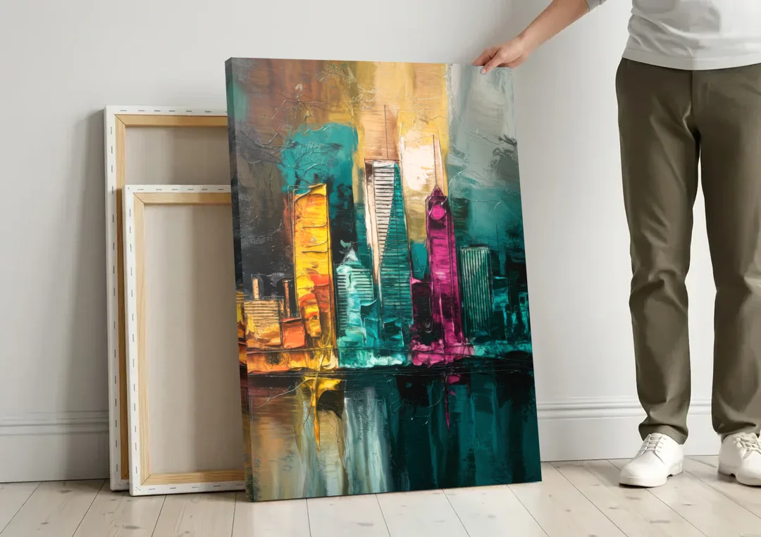 Lancaster Scenic Skyline canvas wall art leaning against a wall next to blank canvases