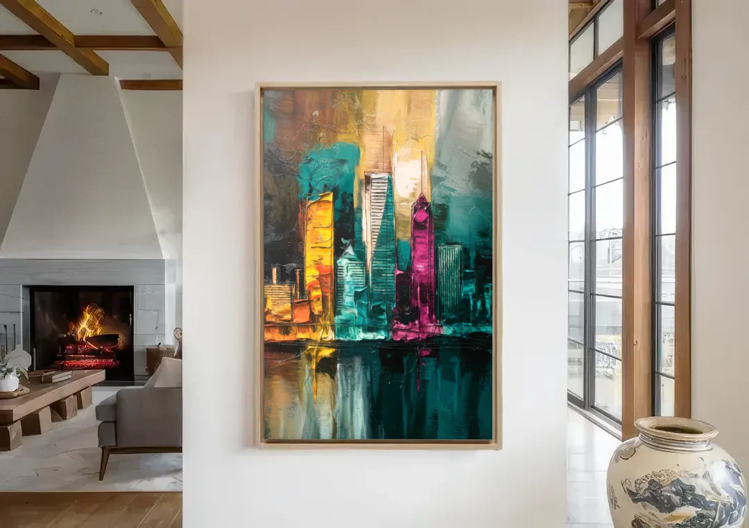 Lancaster Scenic Skyline canvas wall art in a living room with a fireplace