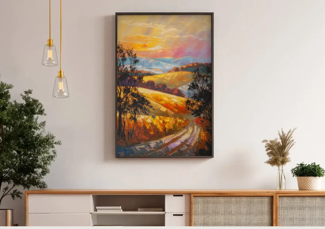 Lancaster Sunset Views canvas wall art above a wooden sideboard under pendant lights