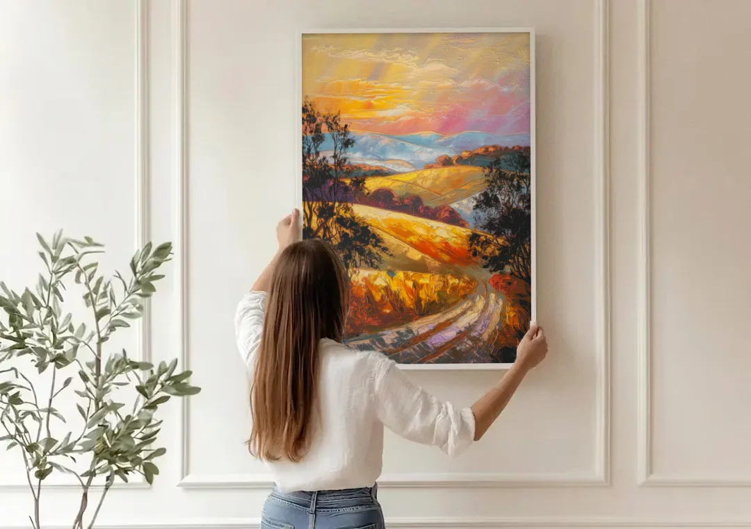 Lancaster Sunset Views canvas wall art being hung on a paneled wall