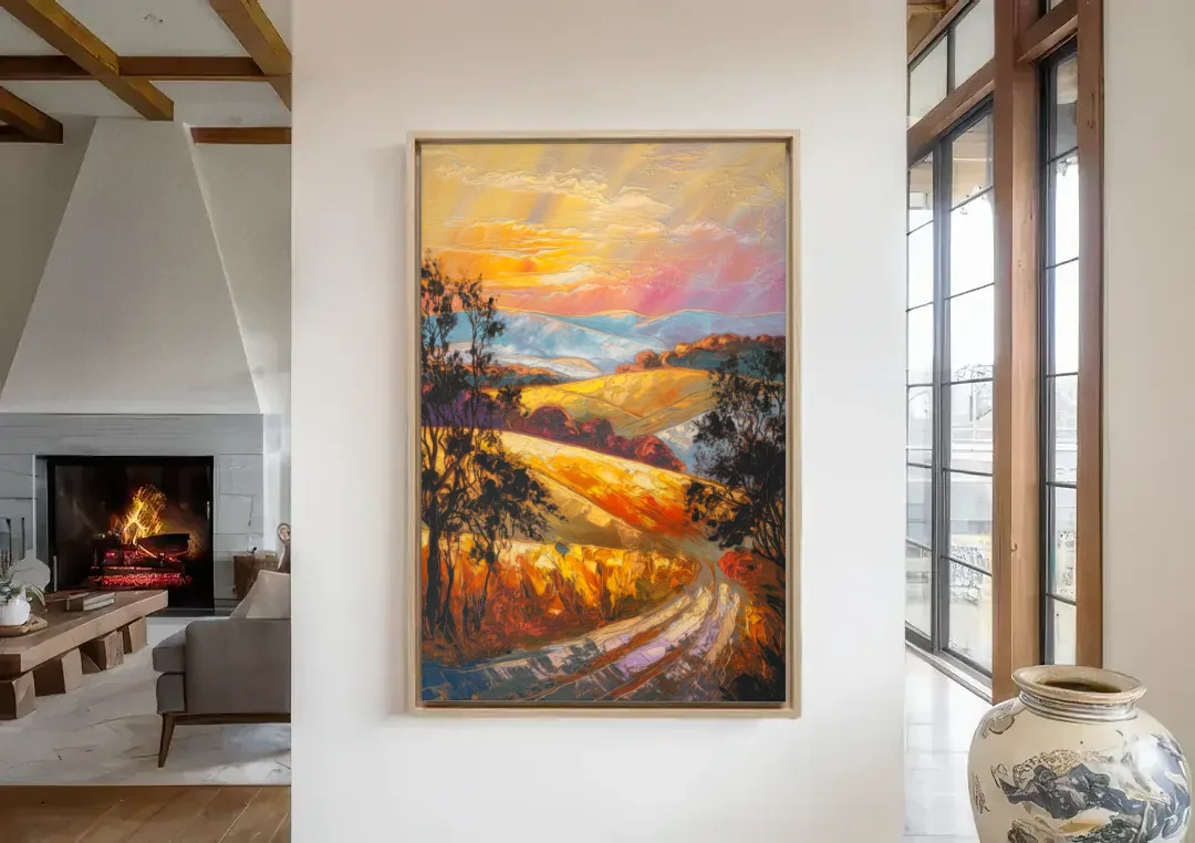 Lancaster Sunset Views canvas wall art in a living room with a fireplace
