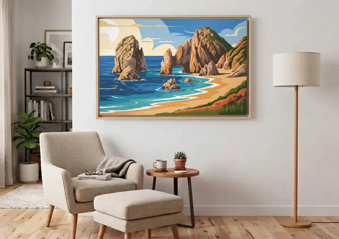 Land’s End Rock Formations canvas wall art above an armchair in a bright living room