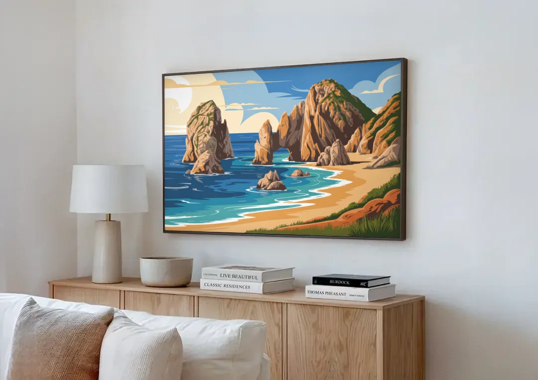 Land’s End Rock Formations canvas wall art above a wooden sideboard next to a sofa