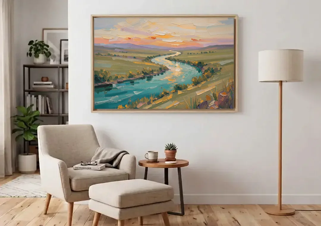 Landscape Canvas Prints Teal River at Sunset canvas wall art above an armchair in a bright living room