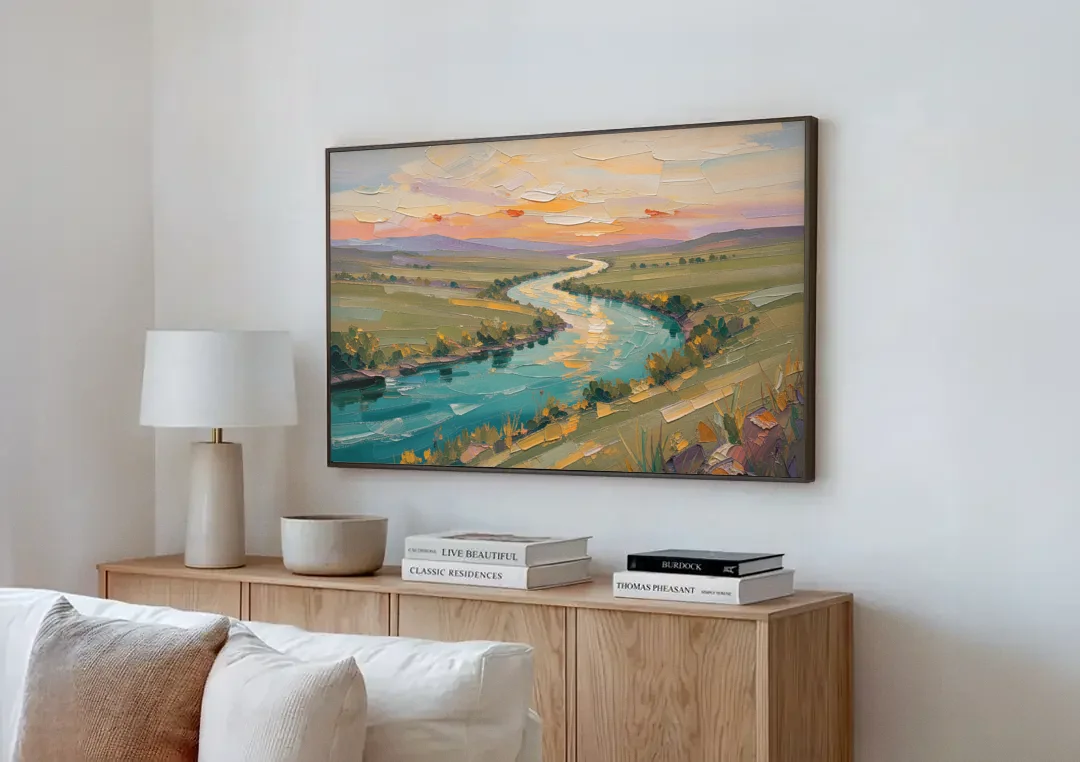 Landscape Canvas Prints Teal River at Sunset canvas wall art above a wooden sideboard next to a sofa