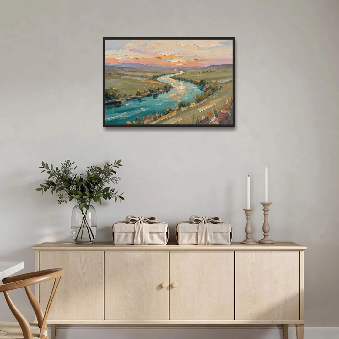 Landscape Canvas Prints Teal River at Sunset - Black Framed Canvas Wall Art - Coffee Table - 36x24