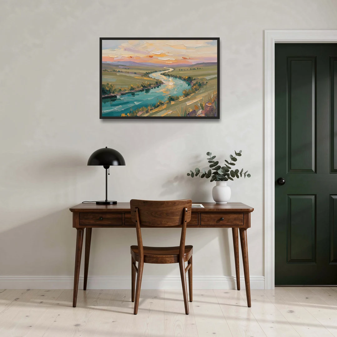 Landscape Canvas Prints Teal River at Sunset - Black Framed Canvas Wall Art - Office - 36x24