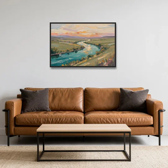 Landscape Canvas Prints Teal River at Sunset - Black Framed Canvas Wall Art - Sofa - 36x24