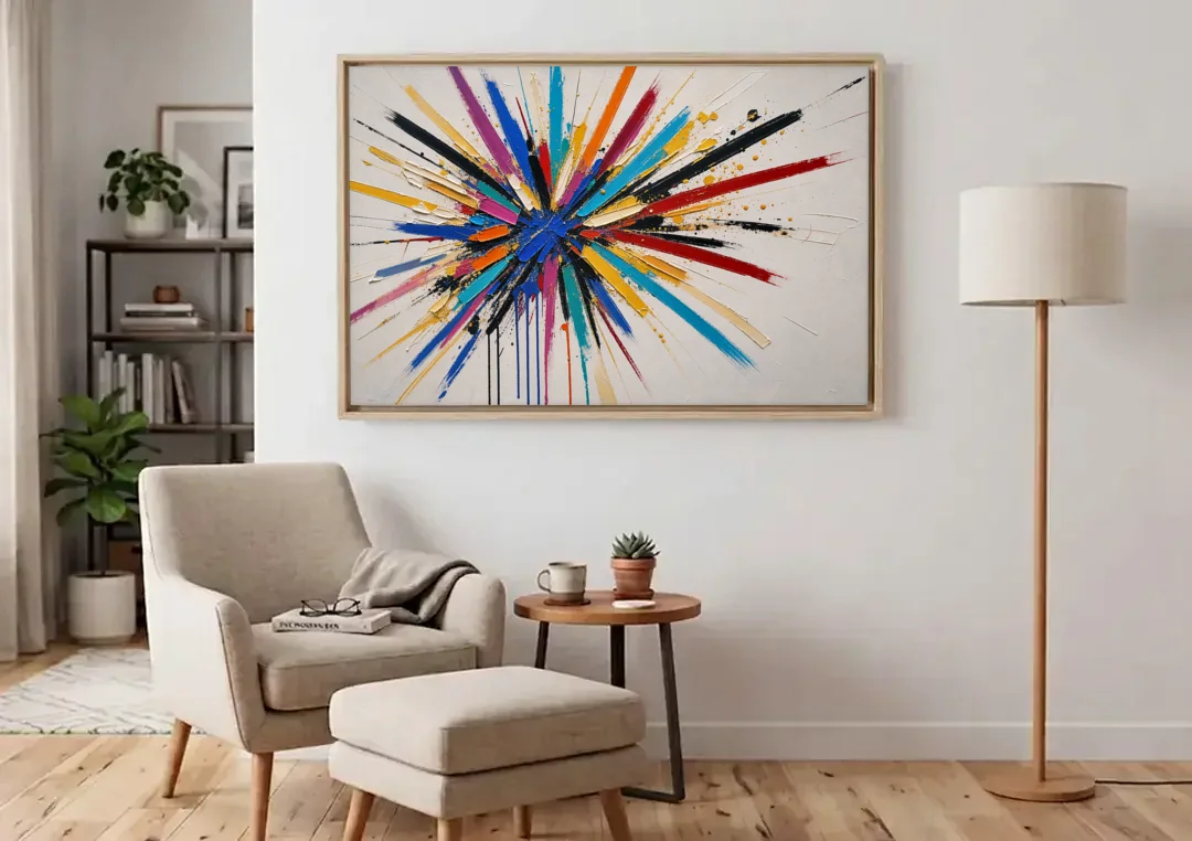 Large Abstract Canvas Art of a Cobalt Burst canvas wall art above an armchair in a bright living room