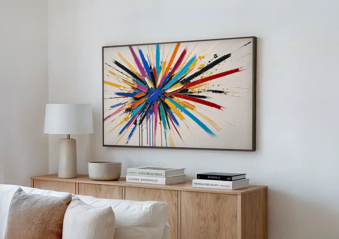 Large Abstract Canvas Art of a Cobalt Burst canvas wall art above a wooden sideboard next to a sofa
