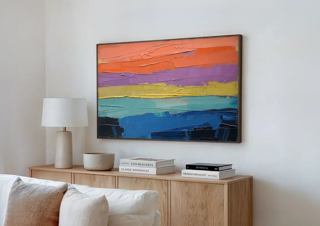 Large Abstract Coral Horizon Knife Bands canvas wall art above a wooden sideboard next to a sofa