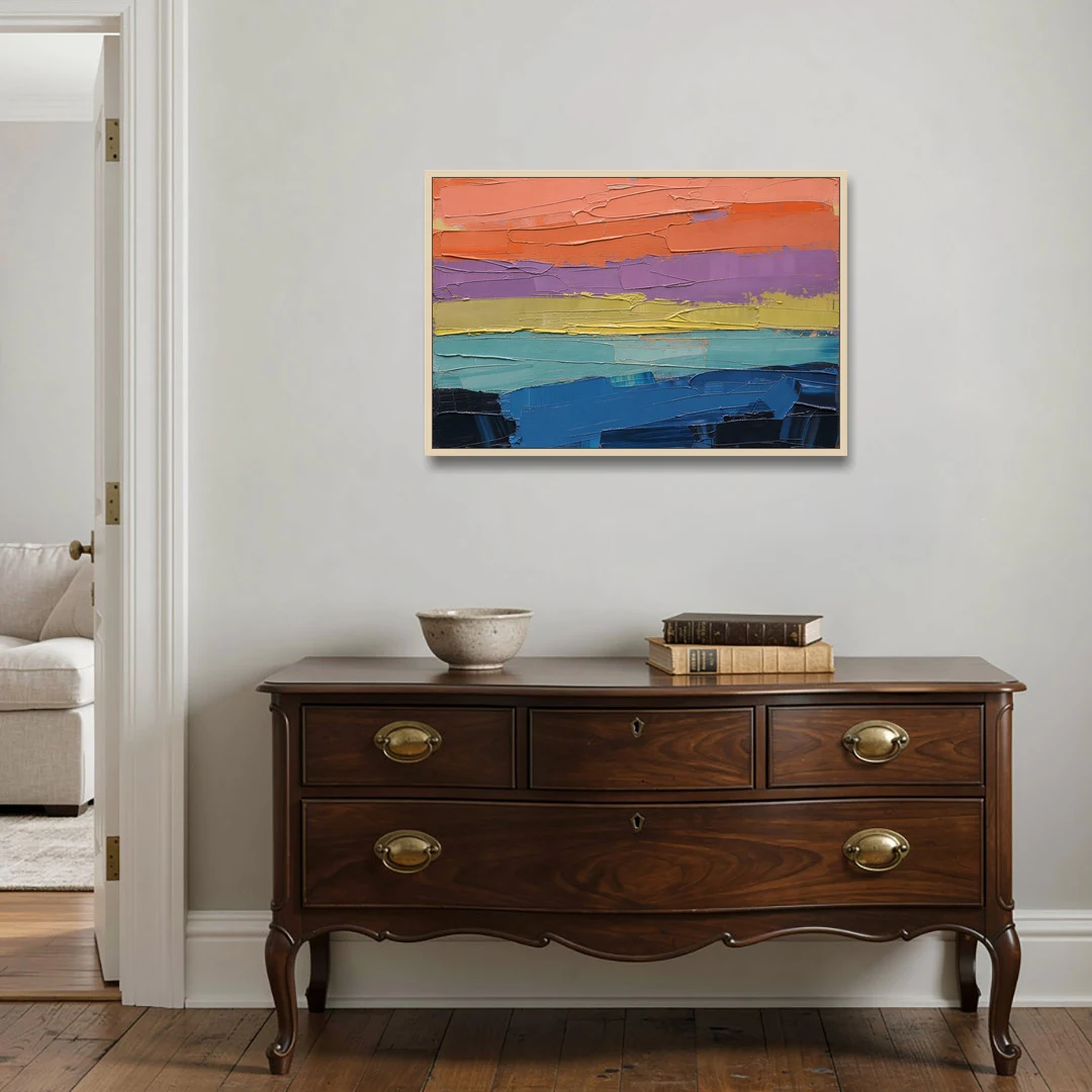 Large Abstract Coral Horizon Knife Bands - Oak Framed Canvas Wall Art - Coffee Table - 36x24