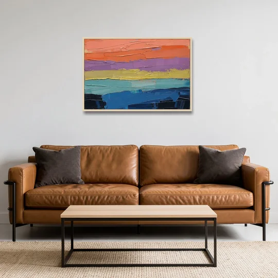 Large Abstract Coral Horizon Knife Bands - Oak Framed Canvas Wall Art - Sofa - 36x24