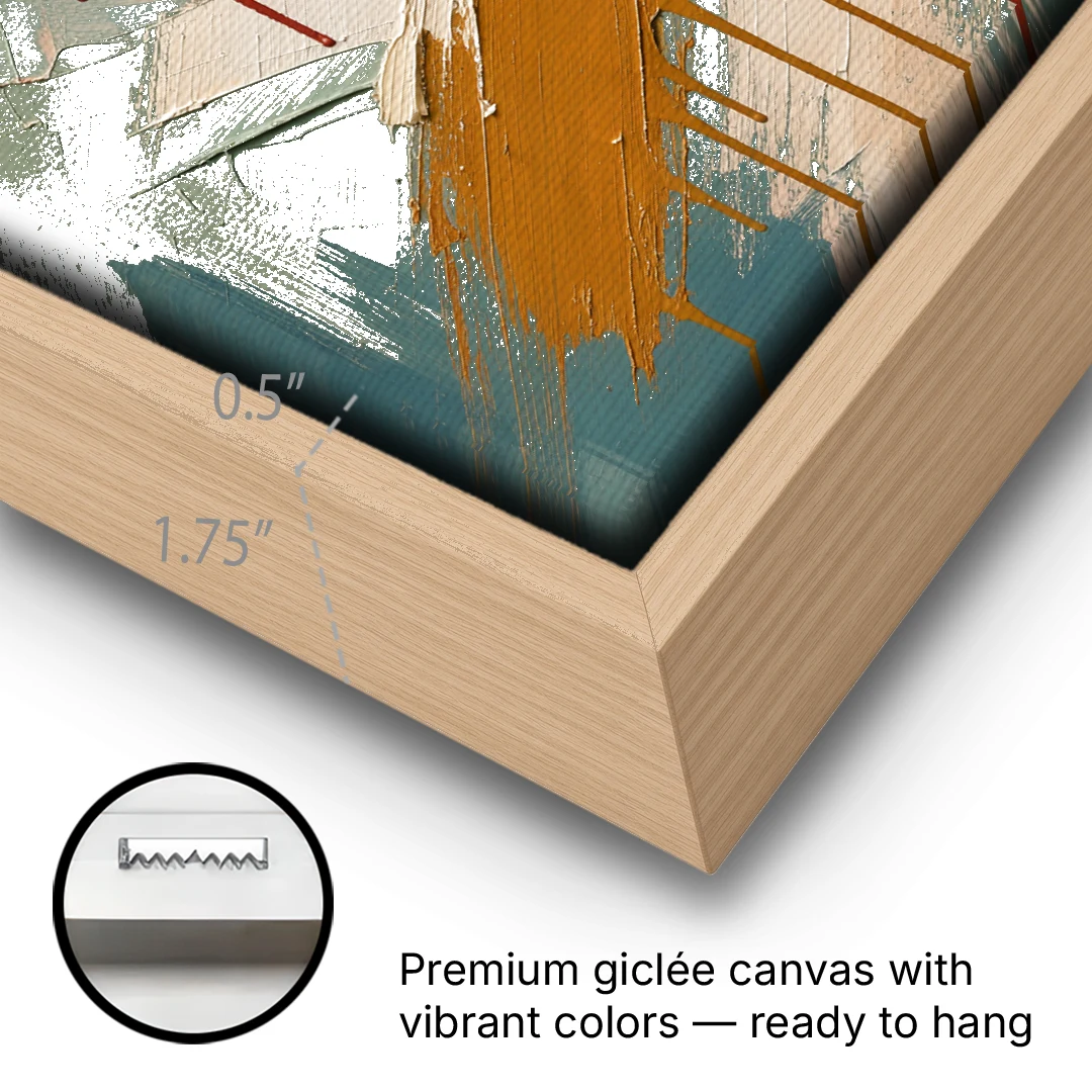 Large Abstract Crossed Red and Amber Bands - Oak Framed Canvas Wall Art - Gallery Wrap Corner