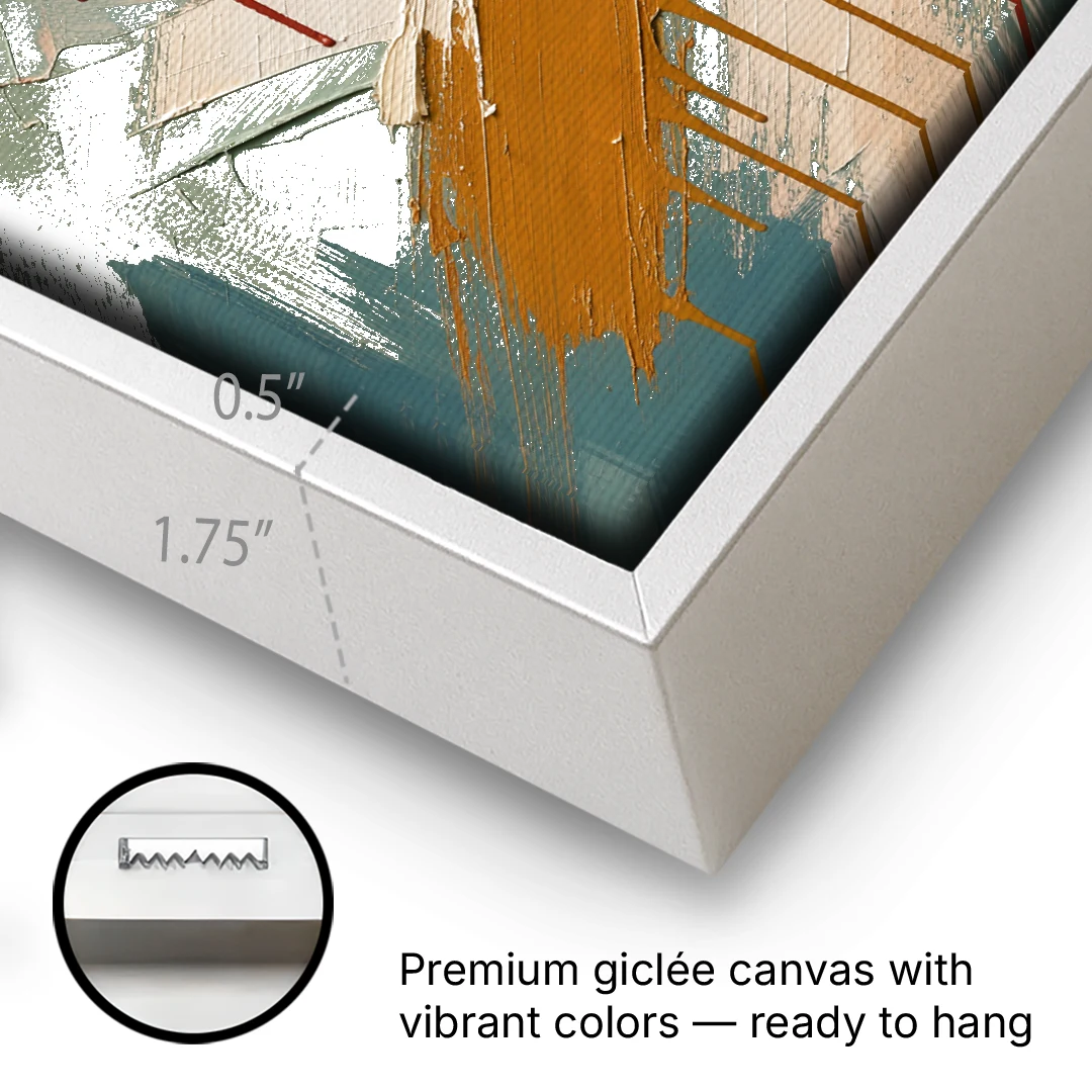 Large Abstract Crossed Red and Amber Bands - White Framed Canvas Wall Art - Gallery Wrap Corner
