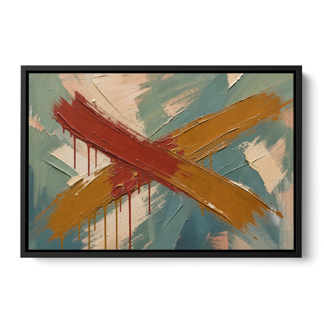 Large Abstract Crossed Red and Amber Bands - Black Framed Canvas Wall Art - Front