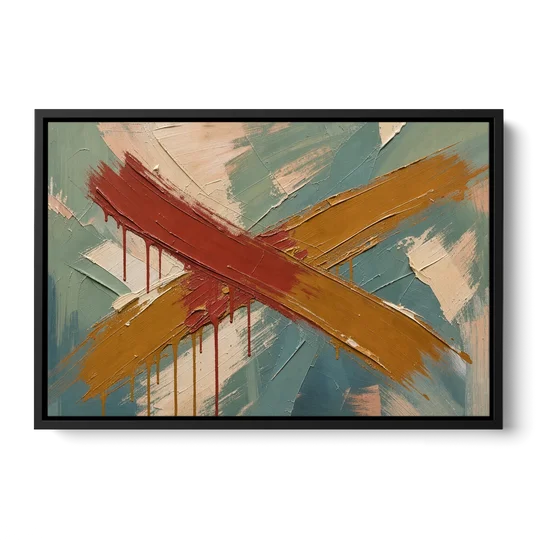 Large Abstract Crossed Red and Amber Bands - Black Framed Canvas Wall Art - Front