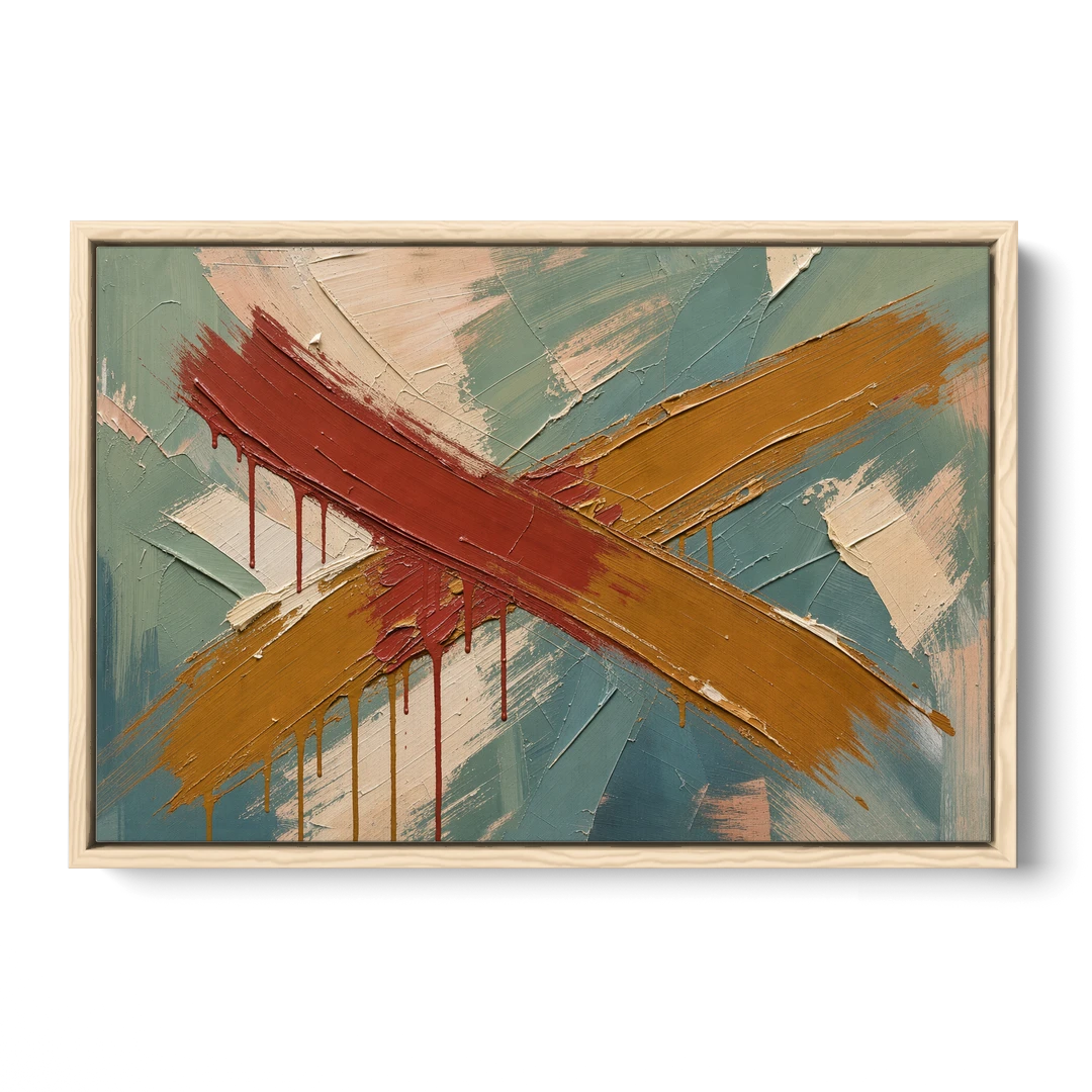 Large Abstract Crossed Red and Amber Bands - Oak Framed Canvas Wall Art - Front