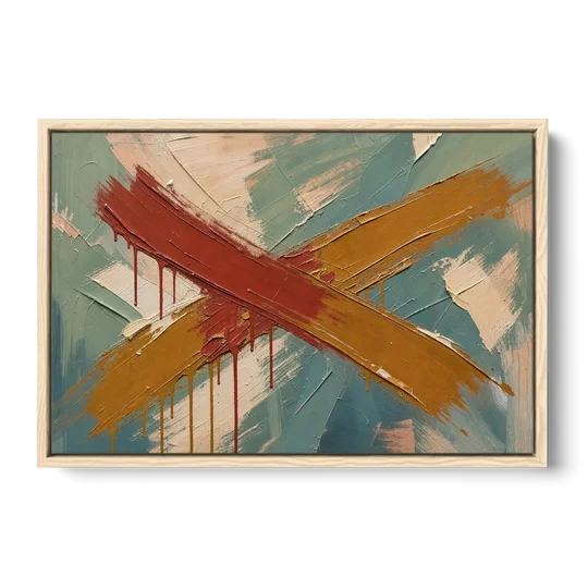 Large Abstract Crossed Red and Amber Bands - Oak Framed Canvas Wall Art - Front