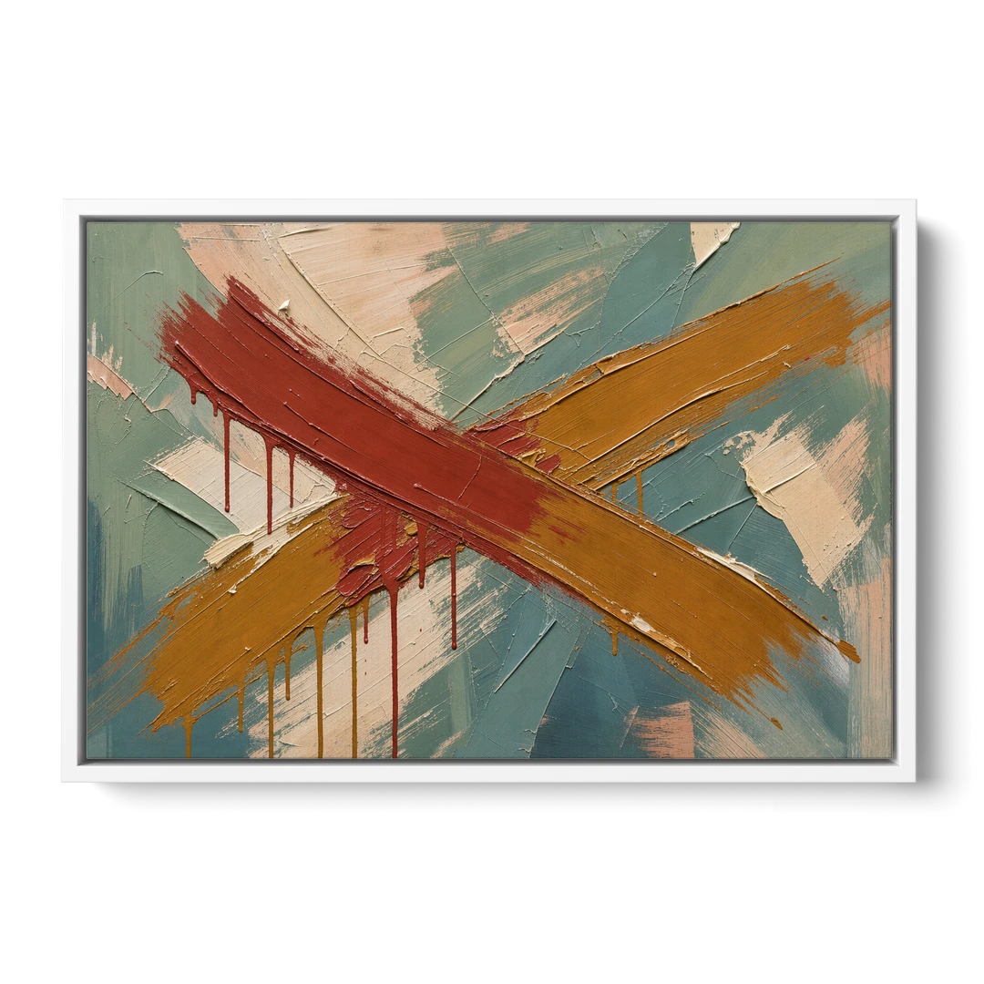 Large Abstract Crossed Red and Amber Bands - White Framed Canvas Wall Art - Front