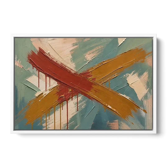 Large Abstract Crossed Red and Amber Bands - White Framed Canvas Wall Art - Front