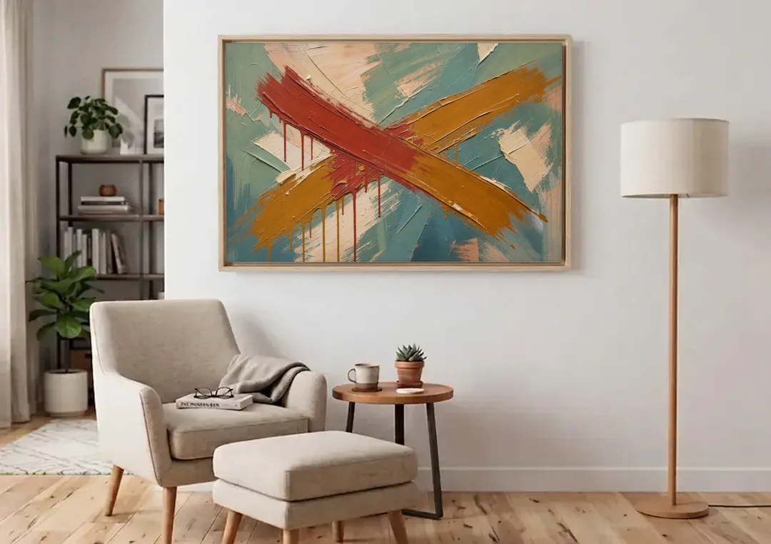 Large Abstract Crossed Red and Amber Bands canvas wall art above an armchair in a bright living room