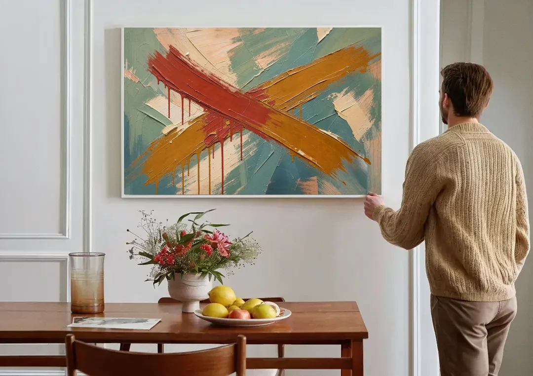 Large Abstract Crossed Red and Amber Bands canvas wall art above a dining table
